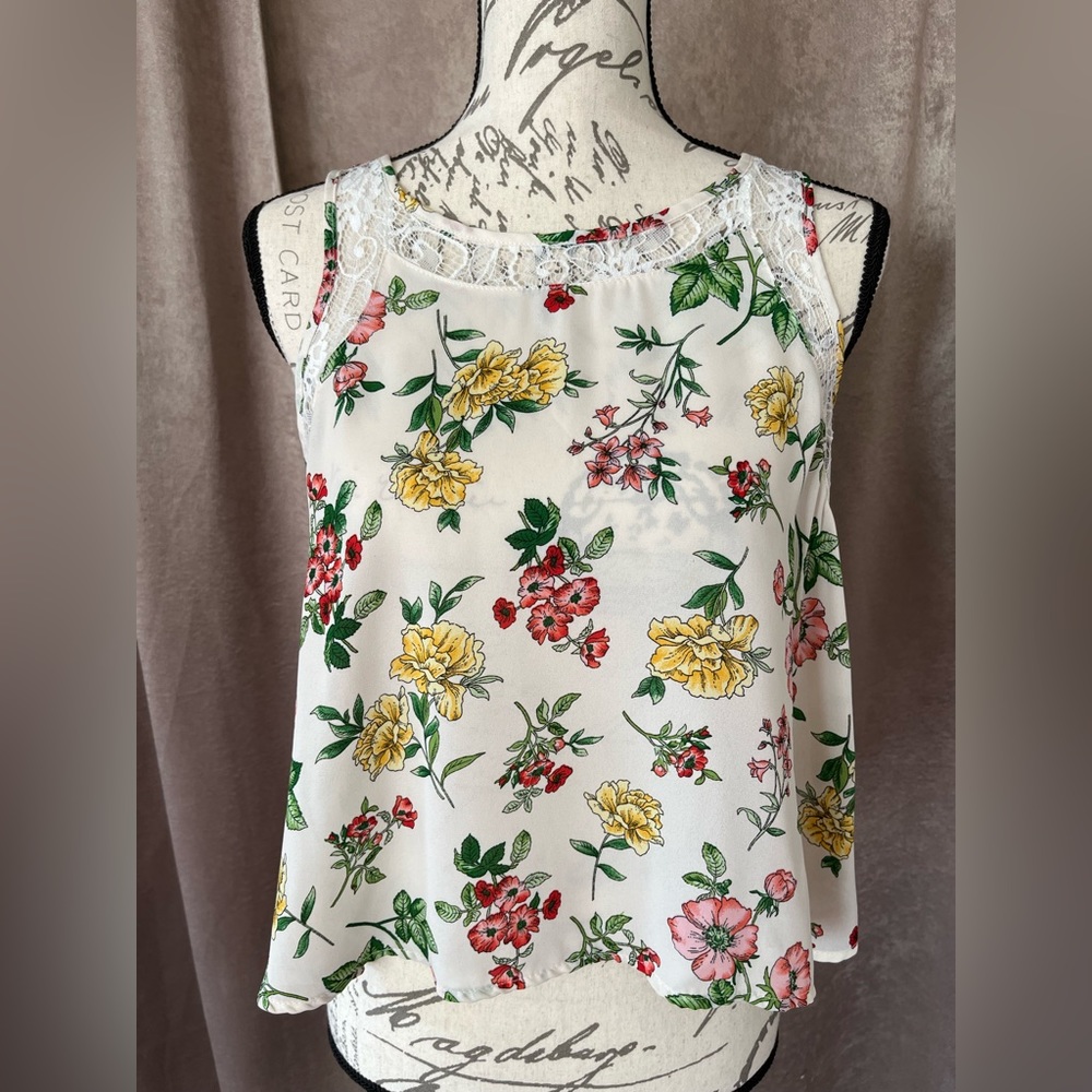 Paper Crane Floral Open Back Top, lace sheer sleeveless, size small EUC